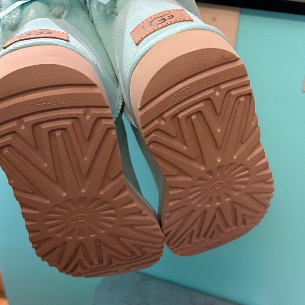 UGG Light tiffany Blue Sheepskin Boots with Ribbon - Picture 4 of 5